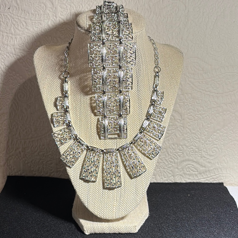 1950’s Lady of Spain Sarah Coventry Silver Statement Bib Necklace and Bracelet